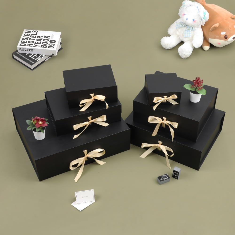 BoxSkivra Large Black Gift Box with Ribbon 1 Pack 16.5X13X5.3 Inch Extra Large Gift Box with Lid Magnetic Closure Rectangle Collapsible Luxury Boxes for Wedding Dress、Shredded Paper Filler & Card