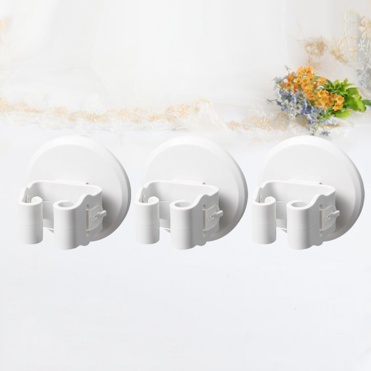 3pcs Mop Broom Holder Suction Cup Clamps Wall Mounted White Utility Rack for Kitchen Bathroom Laundry Cleaning Tool Organization