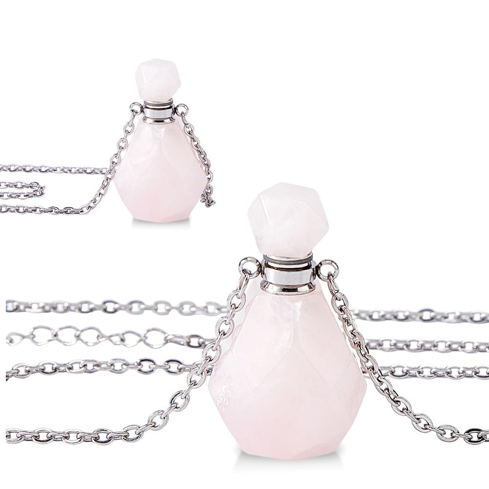 SUPERFINDINGS 2Pcs Perfume Bottle Necklace Essential Oil Diffuser Necklace Pink Natural Rose Quartz Perfume Bottle Pendant with 304 Stainless Steel Chain Gemstone Vial Pendant for Woman Men