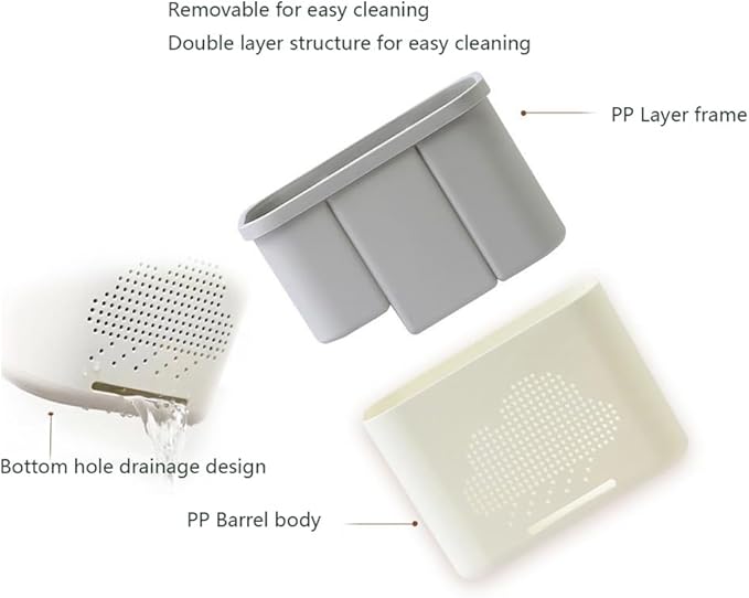 3 Slots Toothbrush Holder and Toothpaste Holder with Drain Hole, Detachable Easy Cleaning Multi-Functional Organizer Caddy Storage for Bathroom Vanity Sink Kitchen (White+Gray 3 compartments)