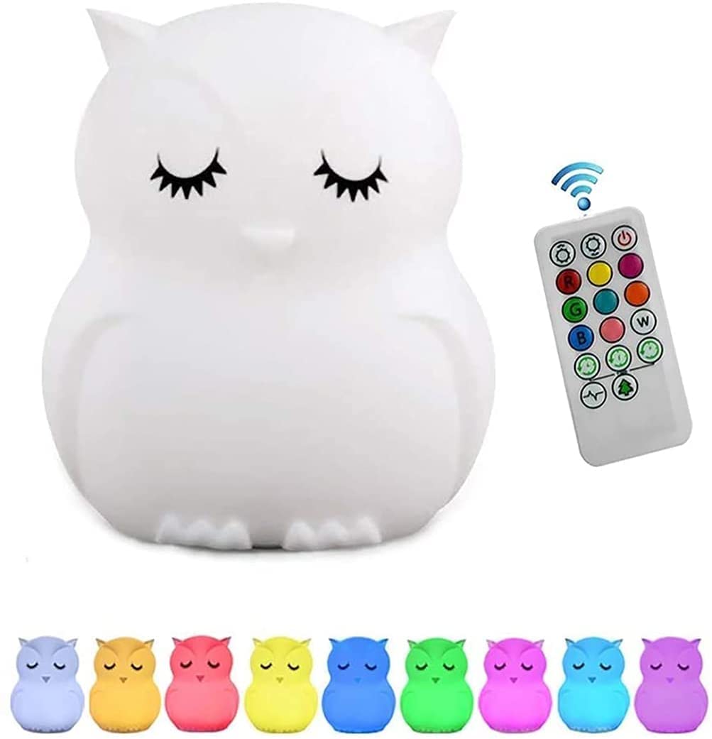Tianhaixing Animal-Shaped Big Night Light for Children/Adults, Rechargeable LED Soft Silicone (BPA Free) Bedside Lamp, Adjustable Brightness and 9 Colors by Touch Control & Remote Control (Big Owl)