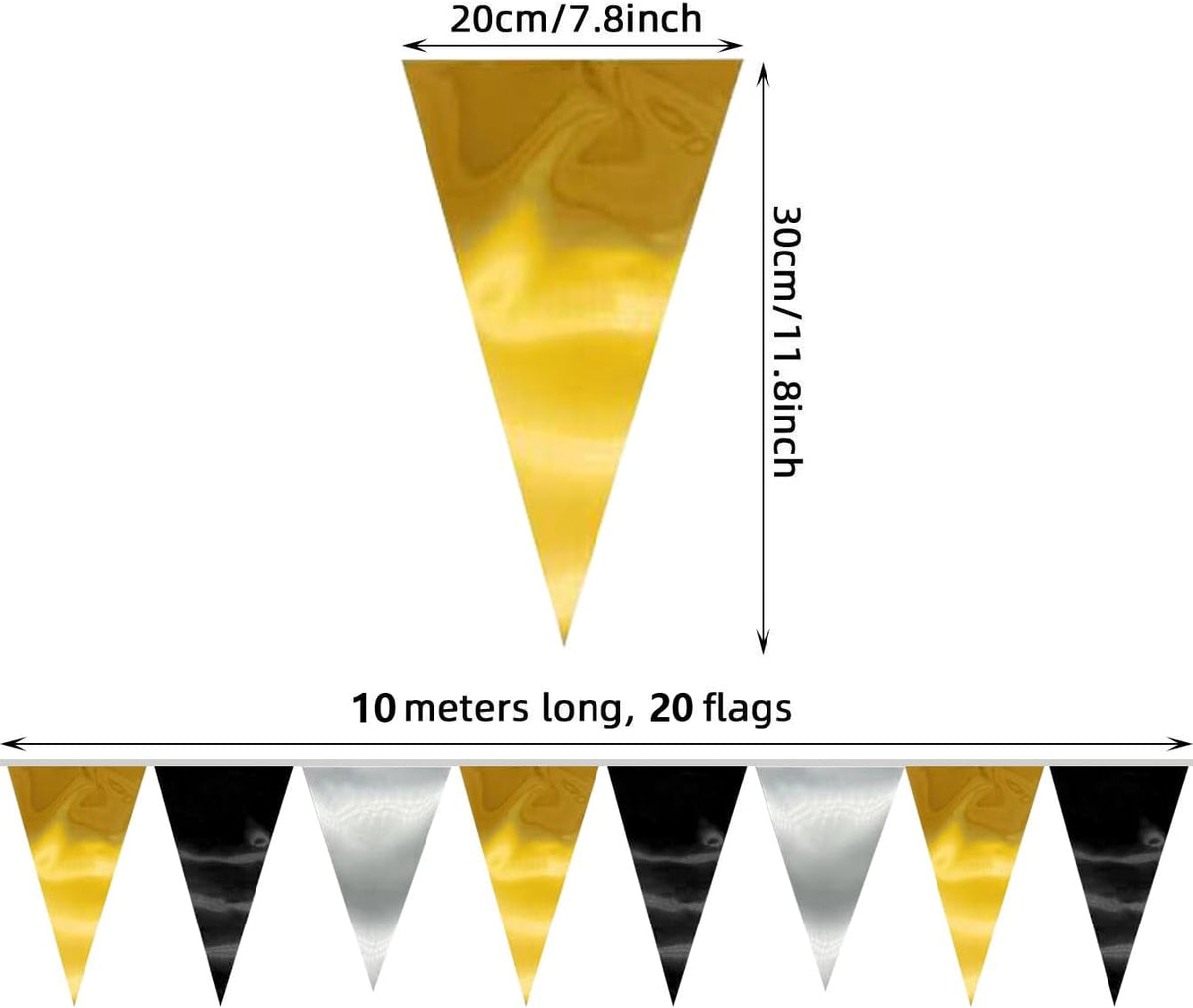 20M/65FT Black Gold Silver Triangle Pennant Banner Flag Metallic Fabric Bunting Garland for Christmas Wall Hanging,Graduation Decorations, New Years Decorations,Father' Da