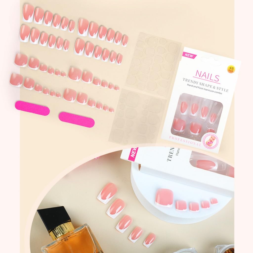 48Pcs Square Press on Nails Medium & Fake Toenails Set - White French Tip Fake Nails, Full Cover Press on Toenails - for Women 48 Pcs