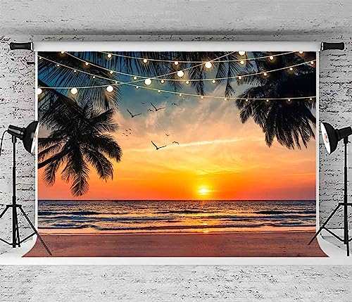 Sensfun Sea Beach Sunset Backdrop Hawaii Tropical Palm Trees Luau Party Photography Background Summer Seaside Vacation Wedding Birthday Baby Shower Party Decorations Banner Photo Booth Props 10x7ft - size: 10x7ft