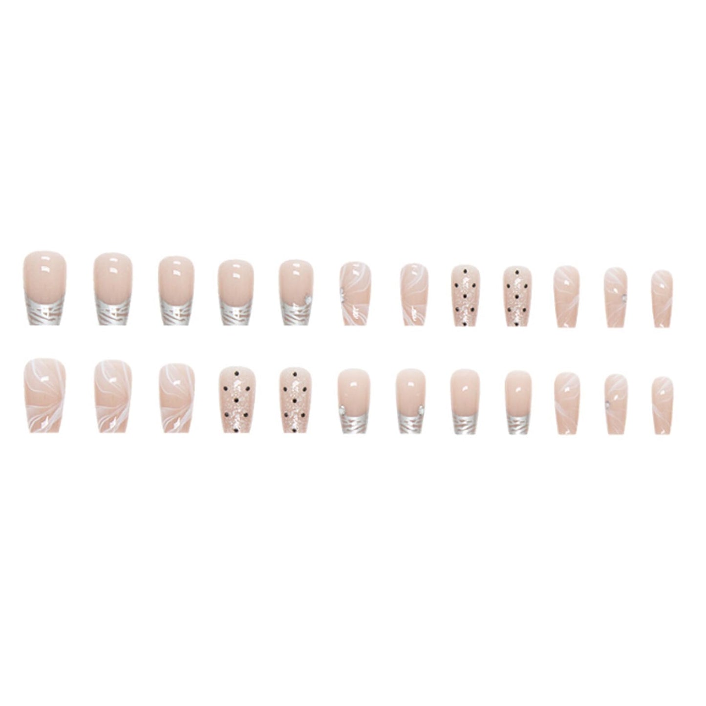 Hkanlre Silver Press on Nails Medium Fake Nails Tips Full Cover French False Square Dot Nails for Women and Girls 24PCS