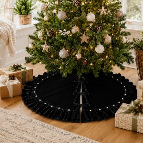 Christmas Tree Skirt,Velvet Tree Skirt with Ruffled Edge with Pearls, Classic Large Velvet Fur Plush Tree Skirt for Merry Christmas(Black,60Inch)