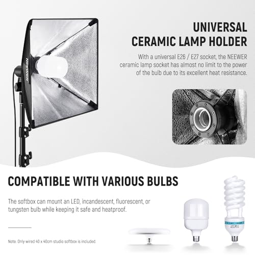 NEEWER 16x16in/40x40cm Softbox with E26 Porcelain Socket/Power Cord/White Diffuser/Stand Adapter, Durable Nylon Softbox Lighting Modifier for Studio Photography Lighting, SF4040 (US Plug) - size: 40X40cm