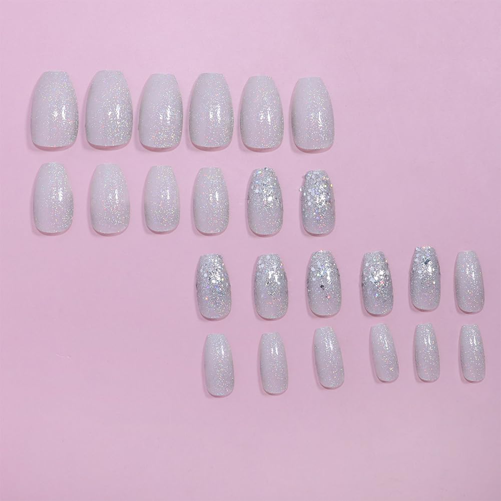 Hrnsnails Glitter Press On Nails Medium Coffin Fake Nails with Silver Bling Glitte Nail Press Ons Design, Artificial False Nails Press On Nail Kit Sparkly Sequins Stick On Nails for Women