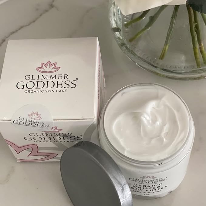 Glimmer Goddess Organic Whipped Body Butter for Women - Moisturizer Cream with Shea & Cocoa Butter, Almonds & Coconut Oil - Spiced Orange, 8oz