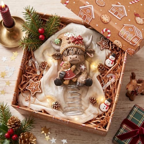 Gejoy Gingerbread Man Highland Cow Miniature Tree Topper, 5.1 Inches Mini Resin Cattle Topper Decorations for Rustic Home Farmhouse Holiday Accents Party Decor, Fall Thanksgiving Xmas Gift Ideal