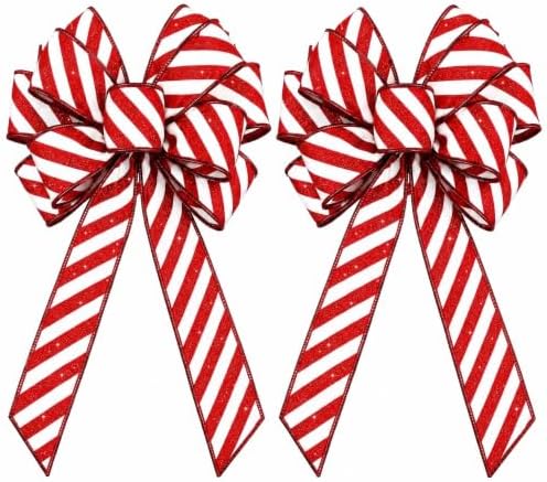 2 Pack Christmas Wreath Bows, Red White Candy Stripe, 11 x 21 Inch Set