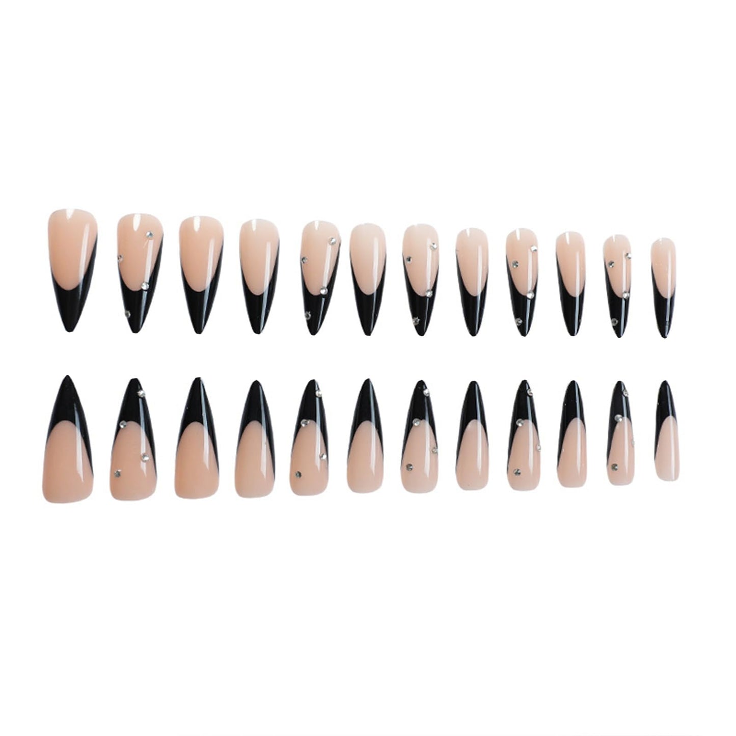 SINHOT Stiletto Press on Nails - Long Fake Nails, Glossy Finish, 3D Rhinestones & Black French Tip, DIY Artificial False Nail Art - 24 Pcs Nail Kit with Glue