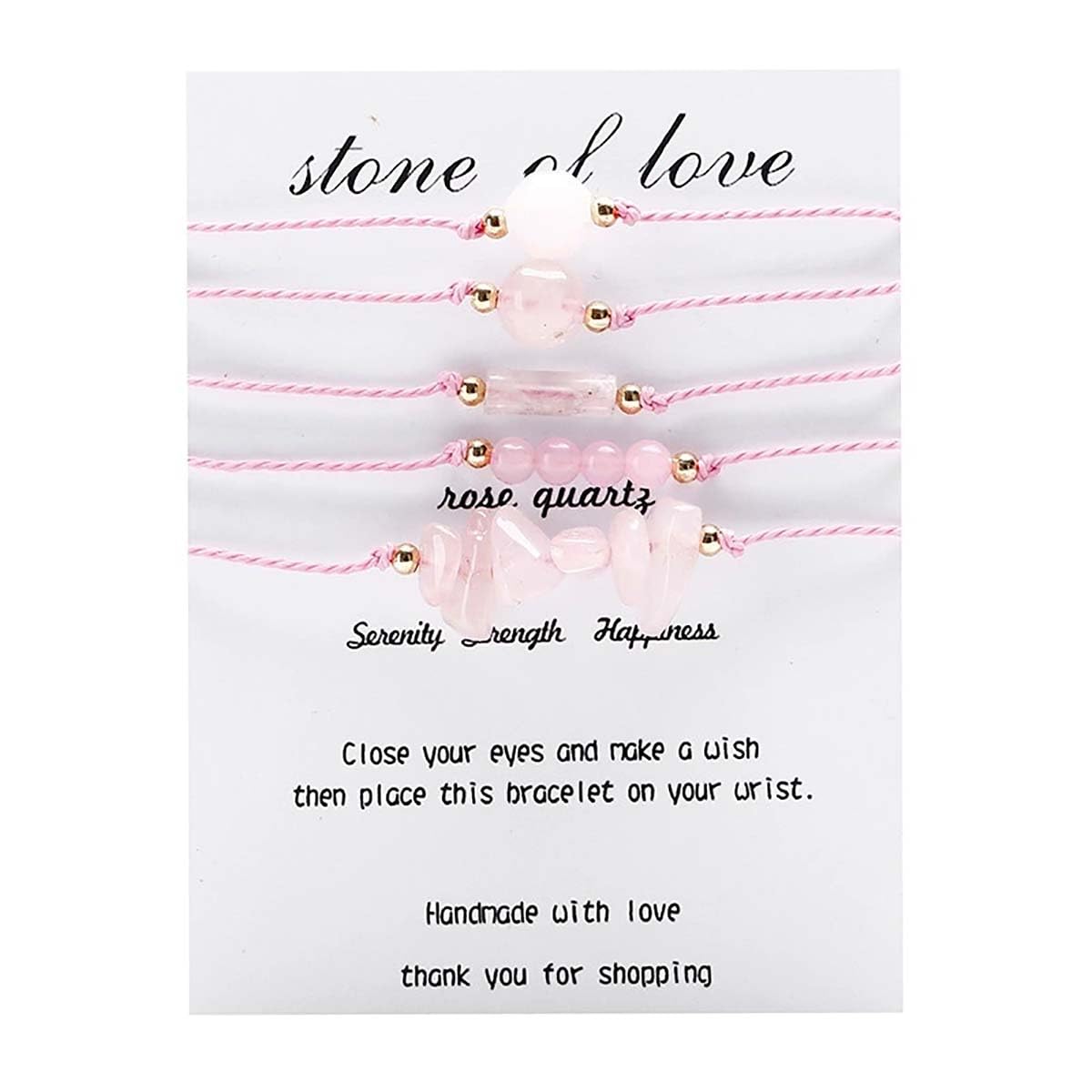 Self-Discovery Mala 5-Piece Natural Gemstone Beaded Bracelet Set for Women - Adjustable Wax Cord Boho Stackables, Healing Crystal Energy (Rose Quartz)