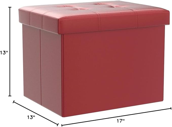 Storage Ottoman, Folding Foot Stool with Thicker Foam Padded Seat Small Leather Storage Ottoman Bench Foot Rest for Living Room Foldable Coffee Table 17x13x13in,Red