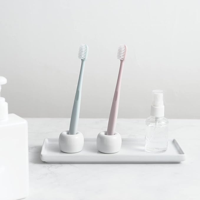 Mini Ceramic Couple Toothbrush Holder, Hand-Made Bathroom Toothbrush Holder, Electric Toothbrush Head Holder and Office Pen Holder 2-Piece Set (White)