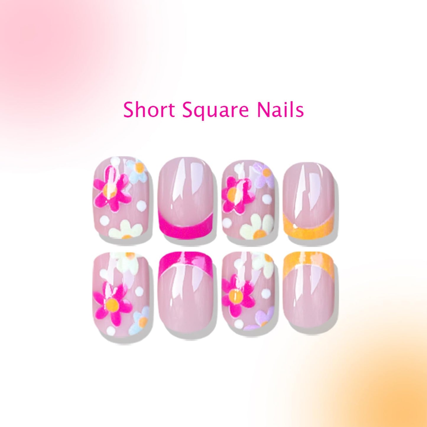 Short Press on Nails Oval Flower Fake Nails with Floral Designs French Tip Nails Press ons Rose Pink Spring Summer False Nails Glossy Full Cover Glue on Nails Artificial Stick on Nails for Women