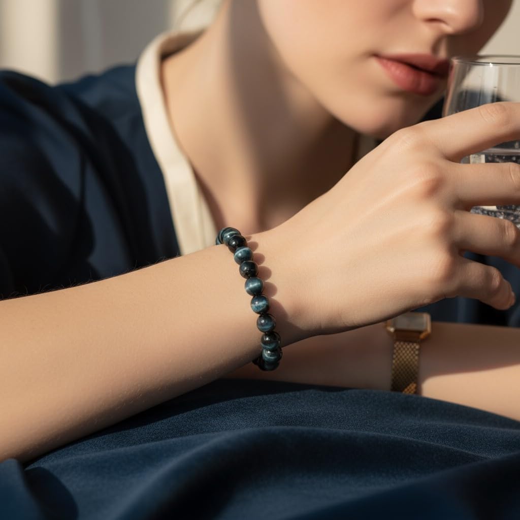 The Vida Handmade AAA+ Quality Crystal Stretch Elastic Bracelet - Nature Gemstone - Jewelry Gift - Holiday Gift - For Women & Men (Blue Tiger Eye)