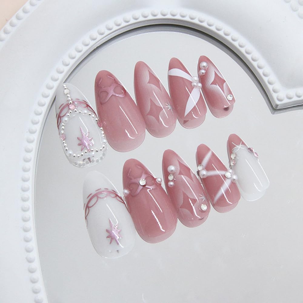 24 Pcs Pink White Press on Nails Short Almond,MINGCHUN Fall Fake Nails Press ons Acrylic Nail Art Tips Kit Full Cover False Nails Glue on Nails with Rhinestone Bow Starburst Glitter Design for Women