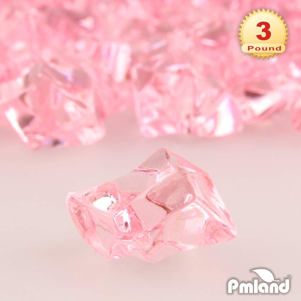 PMLAND Clear Fake Ice Rocks – 550 Pcs Large Pink Acrylic Gems Crushed Plastic Diamonds, 3 Lbs / 2.25 Quarts Bulk Vase Filler for Centerpieces Wedding Theme Décor Aquarium Table Scatter