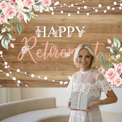 Mocsicka Rustic Retirement Backdrop Women Happy Retirement Party Decorations Pink Floral Retired Party Photo Booth Props (7x5ft) - size: 7x5ft