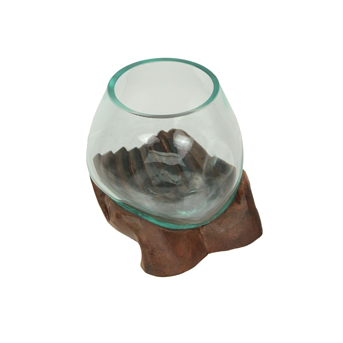 Blown Molten Glass and Carved Wood Hands Decorative Bowl, Vase, and Terrarium, 5 Inches High