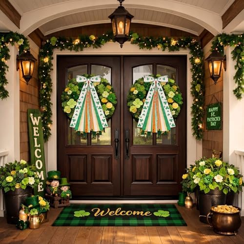 2 Pcs St Patricks Day Clover Ribbon Bow for Wreath Sash for Front Door