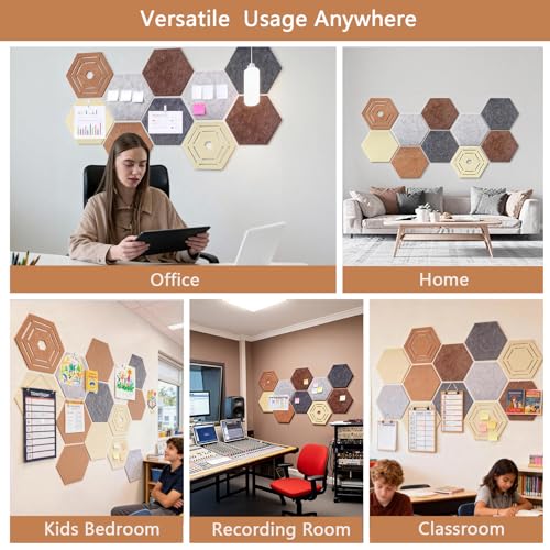 10 Pcs Hexagon Bulletin Board,11.8x10.23x0.47inch Self-Adhesive Felt Bulletin Board Tiles Pinboard Boho Home Office Wall Decor Pin Display Boards for Vision Photo Memo (40 Push Pins,10 Clips,10 Hooks)