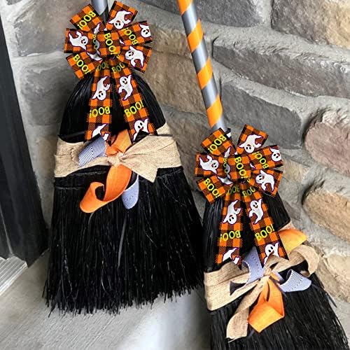2PCS Halloween Wreath Bows Halloween Decor Bows Ghost Boo Buffalo Plaid Burlap Linen Bows for Wreath, Halloween Fabric Ribbon Bows for Home Party Indoor Outdoor Decoration Wreath Ornament Supplies