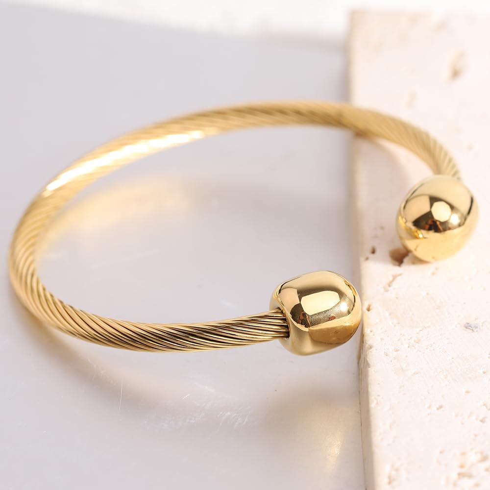 LXBQYSTO Cable Wire Twisted Cuff Bangle Bracelet For Women 14K Gold/rose/silver Stainless Steel Jewelry for Women Gift (Open-Gold1)