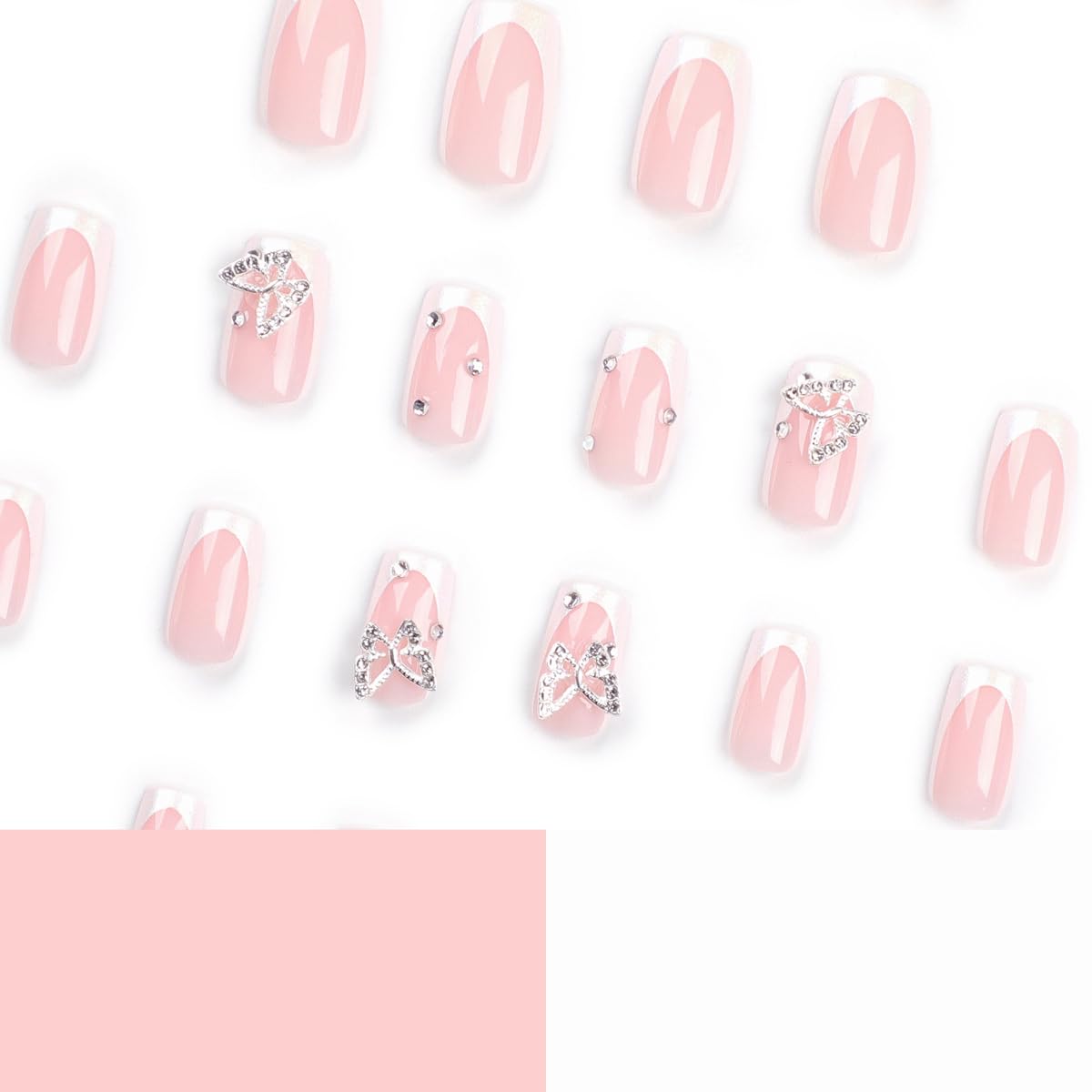 White French Tip Press on Nails Medium Square Fake Nails Press ons with Butterfly Charms Design Reusable Artificial Nails Glossy Full Cover Glue on Nails Stick on Nails for Women Manicure 24Pcs
