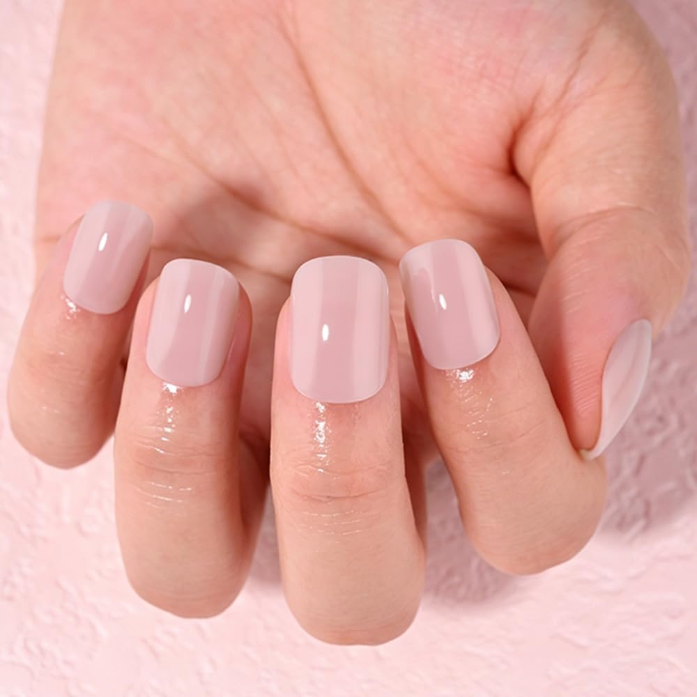evpct Soft Pink Glossy Squoval Short Press on Nails for Women, Pink Extra Short Squoval No Glue Stick on Nails with Kit, Reusable Full Cover Soft Press on Acrylic Fake Nail Salon-quality Perfectly Fit