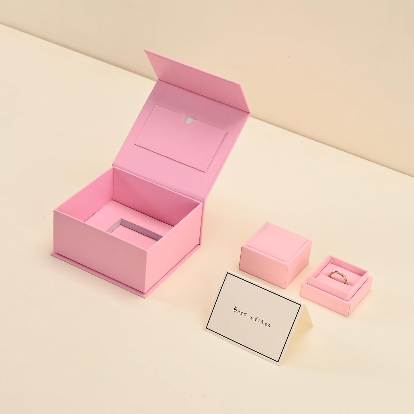 Oirlv Ring Gift Box with Lid Magnetic Boxes for Wedding Proposal Gift Birthday Present with Card(Pink)