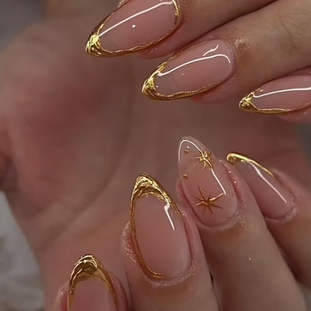 Gold Press on Nails French Tip Fake Nails Almond False Nails Press ons with Gold Line Design Stick on Nails Acrylic Glue on Nails for Women Manicure 24Pcs