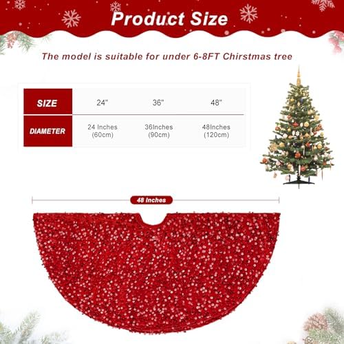 Red Christmas Tree Skirt 48 Inches Glitter Sequin Tree Skirt Embroidered Velvet Tree Mat Large Tree Skirts for 6ft Xmas Trees