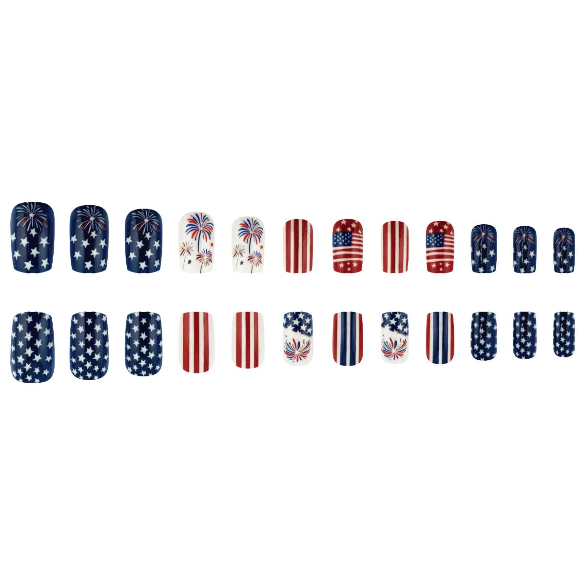 4th of July Press on Nails Medium Square Fake Nails Independence Day French Tips Firework Design False Nails Full Cover Glossy American Flag for Women Patriotic Nails Decoration 24Pcs
