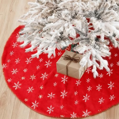 Christmas Tree Skirt, 48 Inch Red Luxury Faux Fur & Silver Sequin Snowflakes, 4ft Xmas Tree Skirt for Holiday Tree Ornaments Christmas Party Home Decorations
