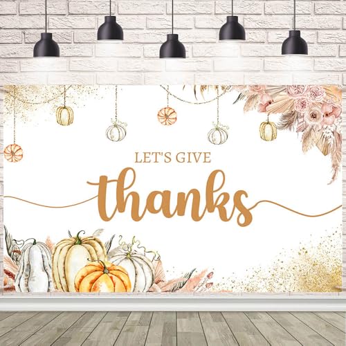 AIBIIN 8x6ft Let's Give Thanks Backdrop Happy Thanksgiving Party Background Boho Floral Pumpkins Friendsgiving Party Decorations Banner Photo Studio Props - size: 8x6ft