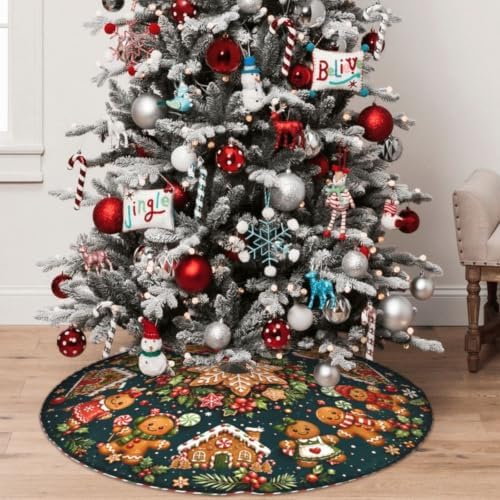 Christmas Gingerbread Christmas Tree Skirt Xmas Tree Skirt, Winter Christmas Tree Mat for Home Party Holiday Indoor Outdoor Decorations