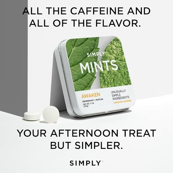 SIMPLY Mints | Caffeinated Breath Mints- Awaken (Caffeine + Peppermint + Matcha) | Pack of Six (180 Pieces Total) | Microdose Caffeine + Breath Freshening + Aspartame-Free + Vegan + non-GMO