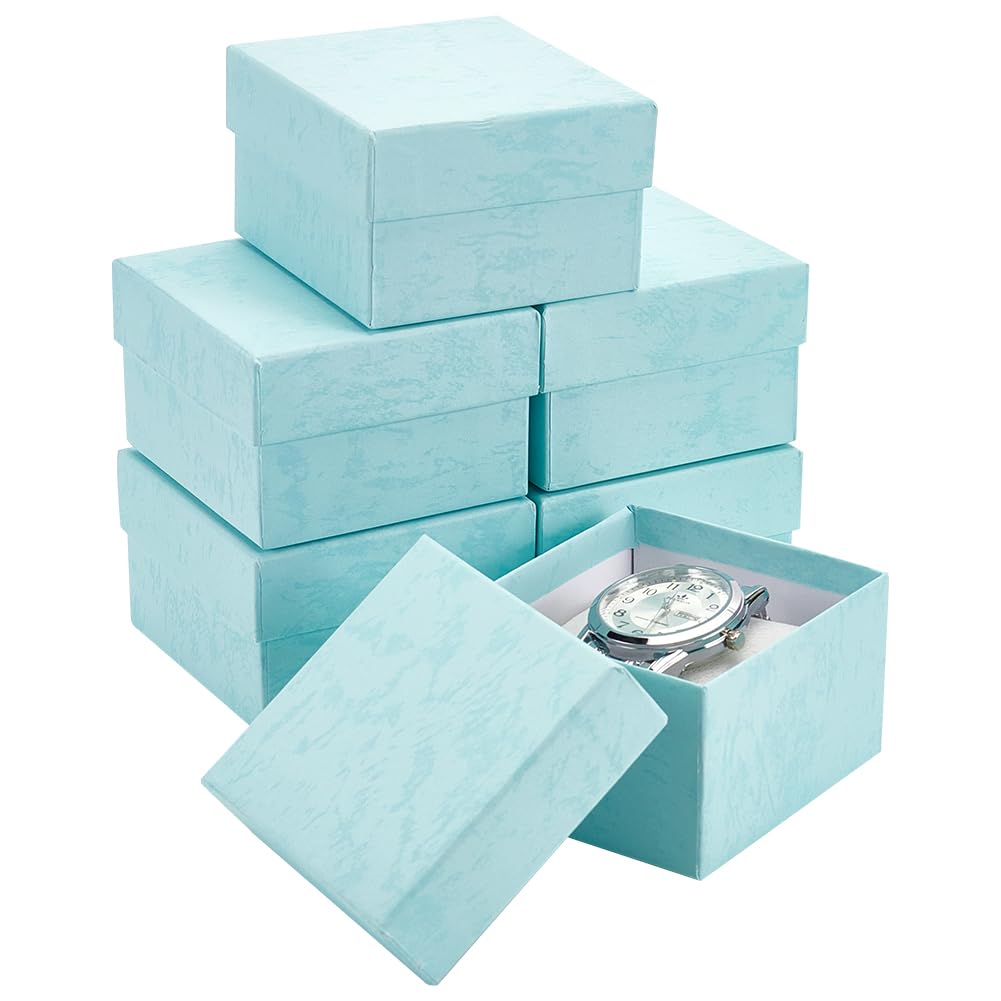 BENECREAT 6 Pack Kraft Cardboard Watch Storage Gift Box, 3.2x3x2inch Rectangle Present Jewelry Box with Nonwoven Cloth Cushion for Bangle Wrist Watch Bracelet Packaging, Pale Turquoise