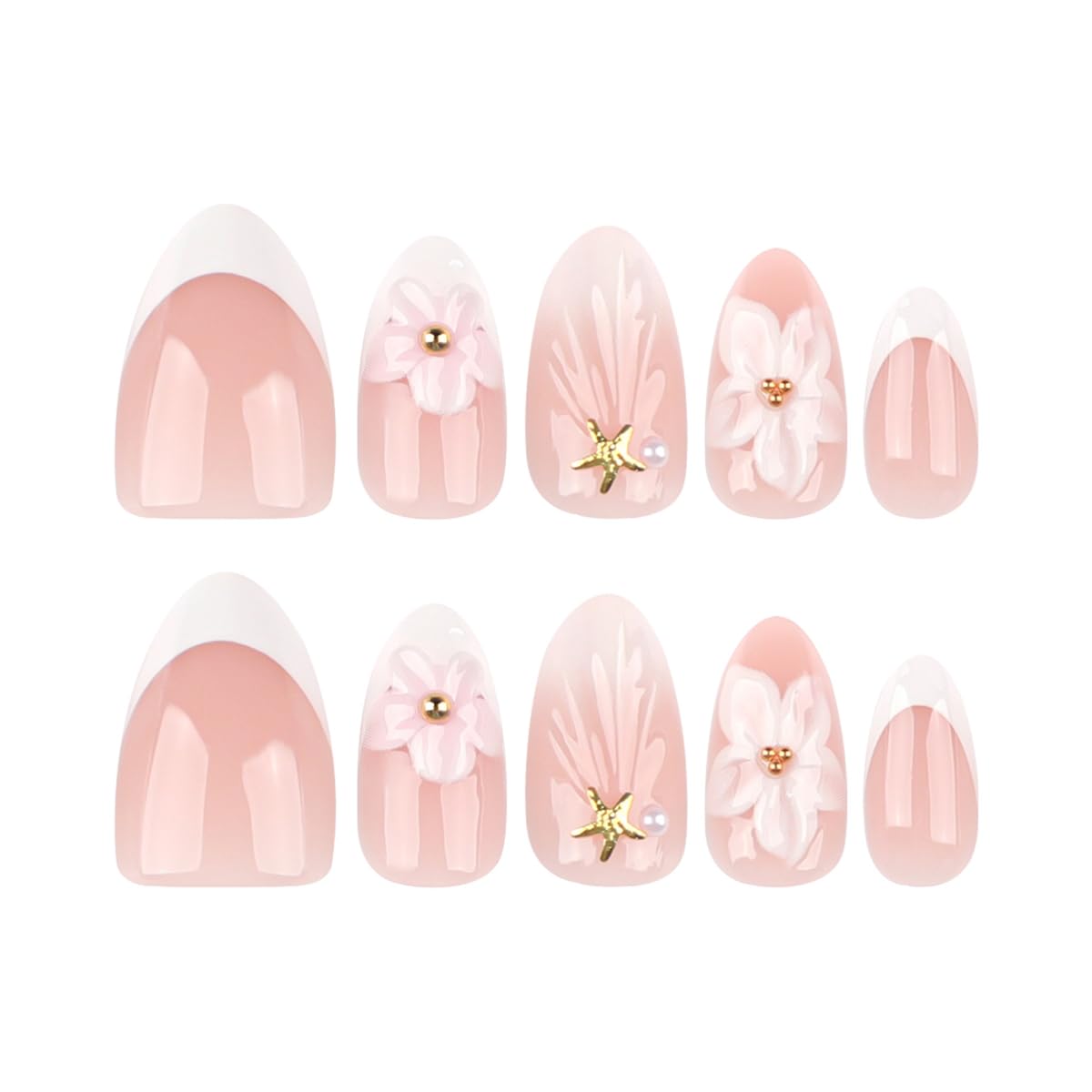 Short Almond Press on Nails - White French Tip with Pink Flower & Gold Starfish, Full Cover Glossy Fake Nails 24PCS for Women