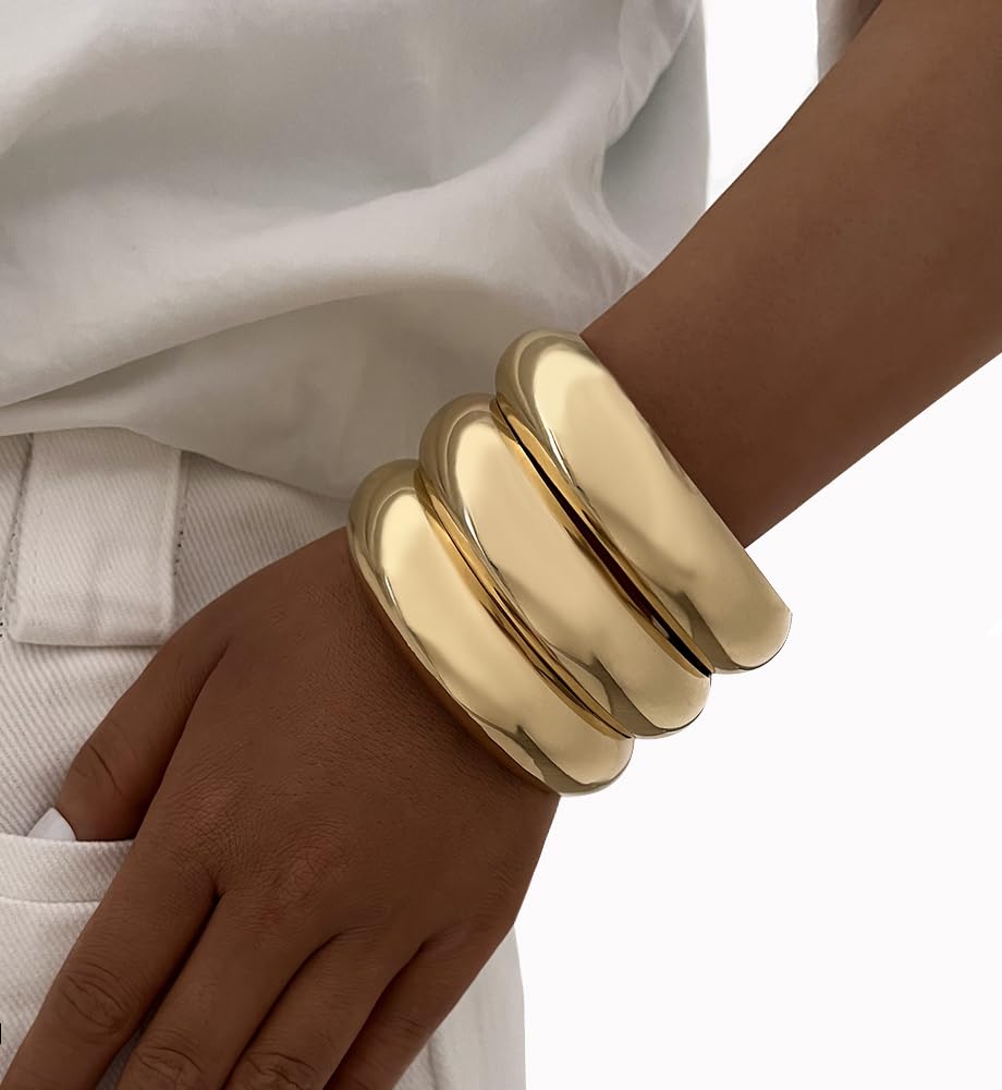 3PCS Chunky Gold Bangle Bracelets for Women, Dainty 14k Gold Plated Big Stackable Bangles Set, Trendy Cuff Bracelet Stack Fashion Jewelry Gifts