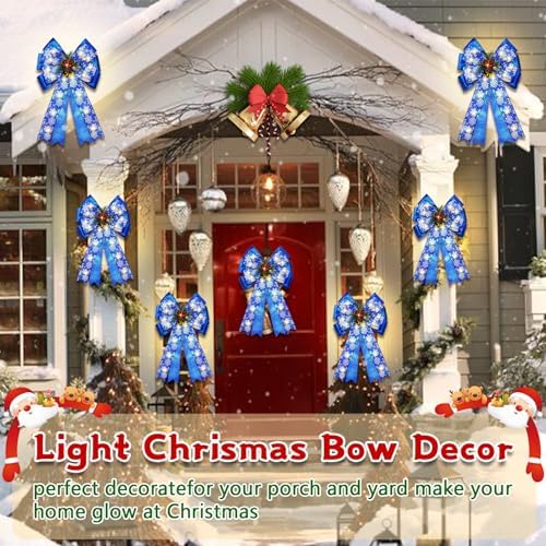 2 Pcs Pre-Light Christmas Decorative Bows for Wreath, 20 X 12” Large Christmas Tree Topper Bow with Bells, Berry, Pine Cones, 40 LED Silver Snowflake Ornament Bow for Indoor/Outdoor- Blue