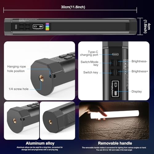 PULUZ Magnetic Handheld Light Wand, Full Color RGB Light Stick, LED Fill Light with 3000mAh Rechargeable Battery, 2500-9000K Dimmable Camera Tube Light for Studio Photography TikTok YouTube Vlog, 30cm - size: 11.8 inches