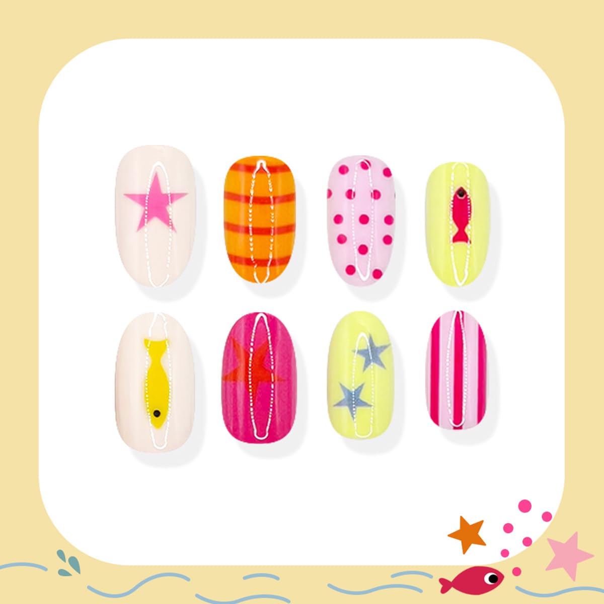 24 Pcs Summer Press on Nails Short Oval WLGDLH Fake Nails, Striped False Nails Press ons with Ocean Fish Star Polka Dots Design, Multicolor Glue on Nails for Women Manicure, Glossy Finish