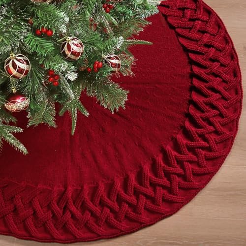TOCHGREEN Red Knitted Christmas Tree Skirt 36 inches Chunky Cable Knit Thick Rustic Christmas Tree Mat Farmhouse Decor Xmas Tree Base Cover for Home Holiday New Year Party Decor (Red, 36inch)