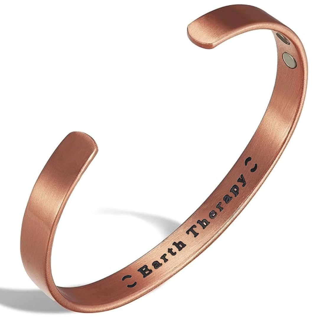 Earth Therapy Minimalist Matte Copper Magnetic Cuff Bracelet For Men and Women - Adjustable - Ultra Strength