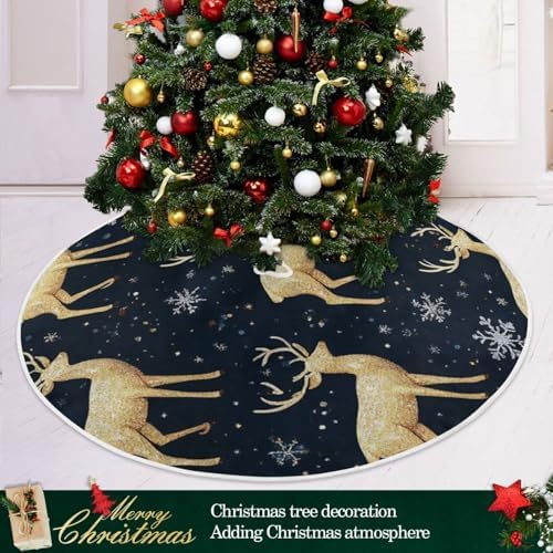 Pfrewn Christmas Gold Deer on Black Christmas Tree Skirt 48" Farmhouse Winter Mini Xmas Tree Skirts Mat for Welcome Holiday Party Supplies Rustic Ornaments Indoor Home Decor