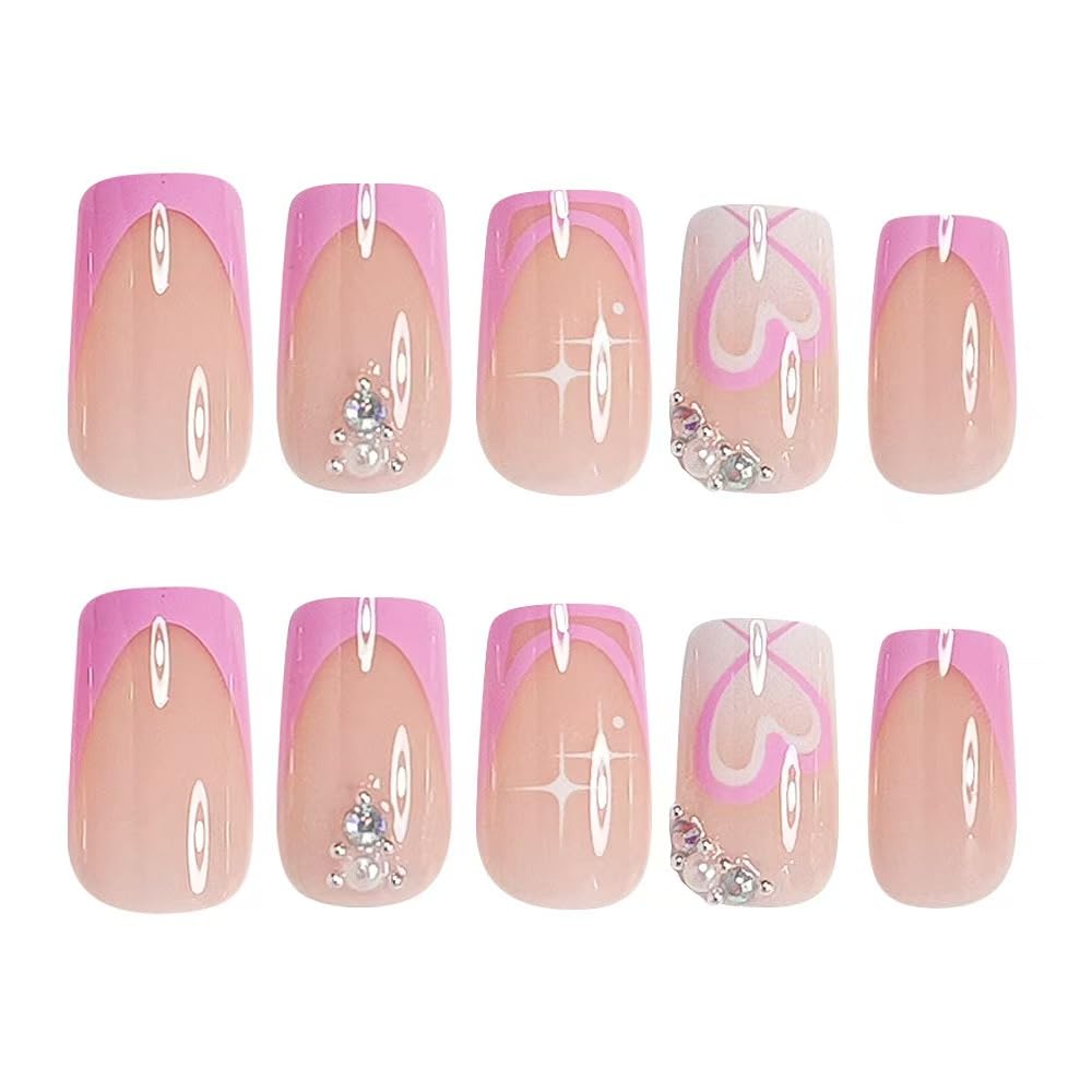 Pink French Tip Press on Nails Medium Square Fake Nails with Heart Rhinestone Design Valentine's Day False Nails for Women 24 Pcs