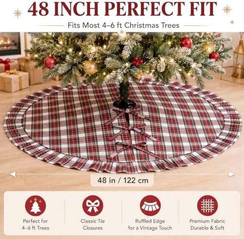 48 Inch Plaid Christmas Tree Skirt with Ruffle, Red White Yellow